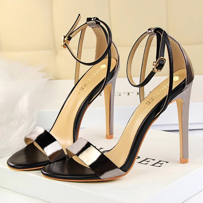 Women Black-White Concise Leather 11cm High Heels Sandals Lady Adjustable Ankle Buckle Shoes Female Fashion Party Dress Shoes
