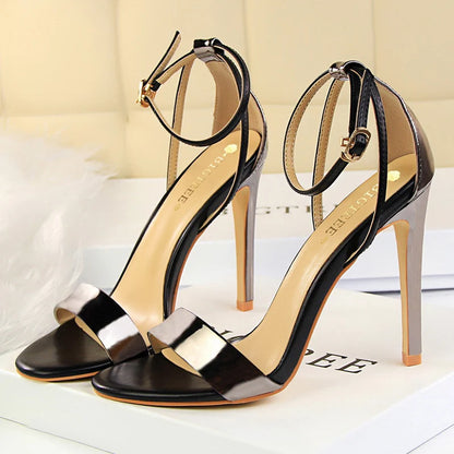 Women Black-White Concise Leather 11cm High Heels Sandals Lady Adjustable Ankle Buckle Shoes Female Fashion Party Dress Shoes