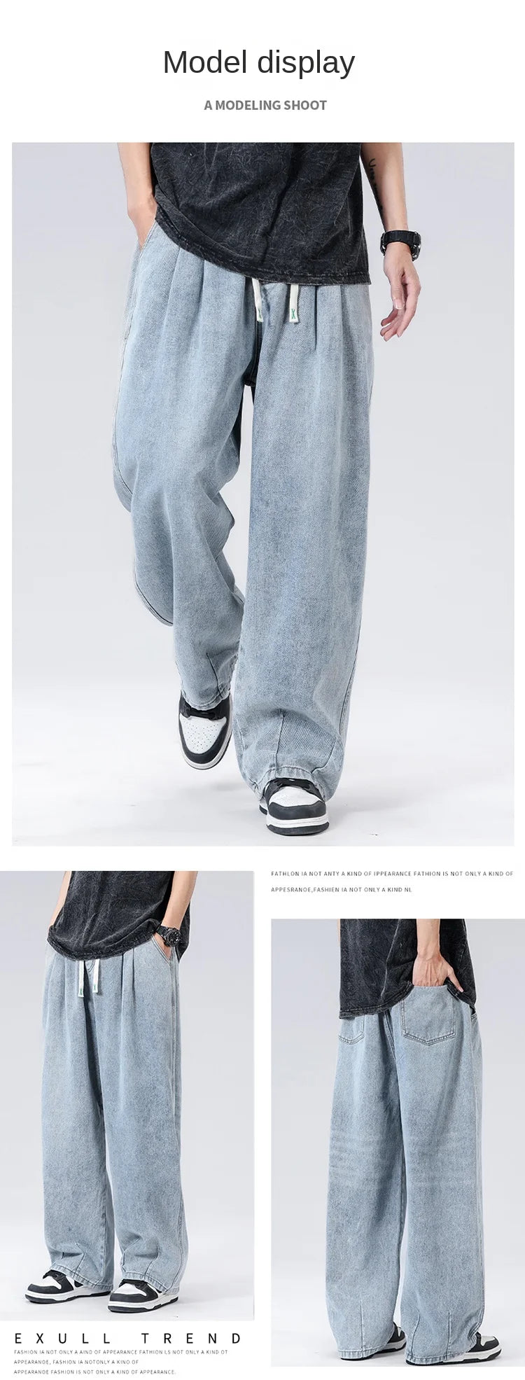 New Men's Elastic Waist Jeans Loose Wide Leg Casual Straight Long Trousers Comfortable Stretch Denim Pants Trendy Brand