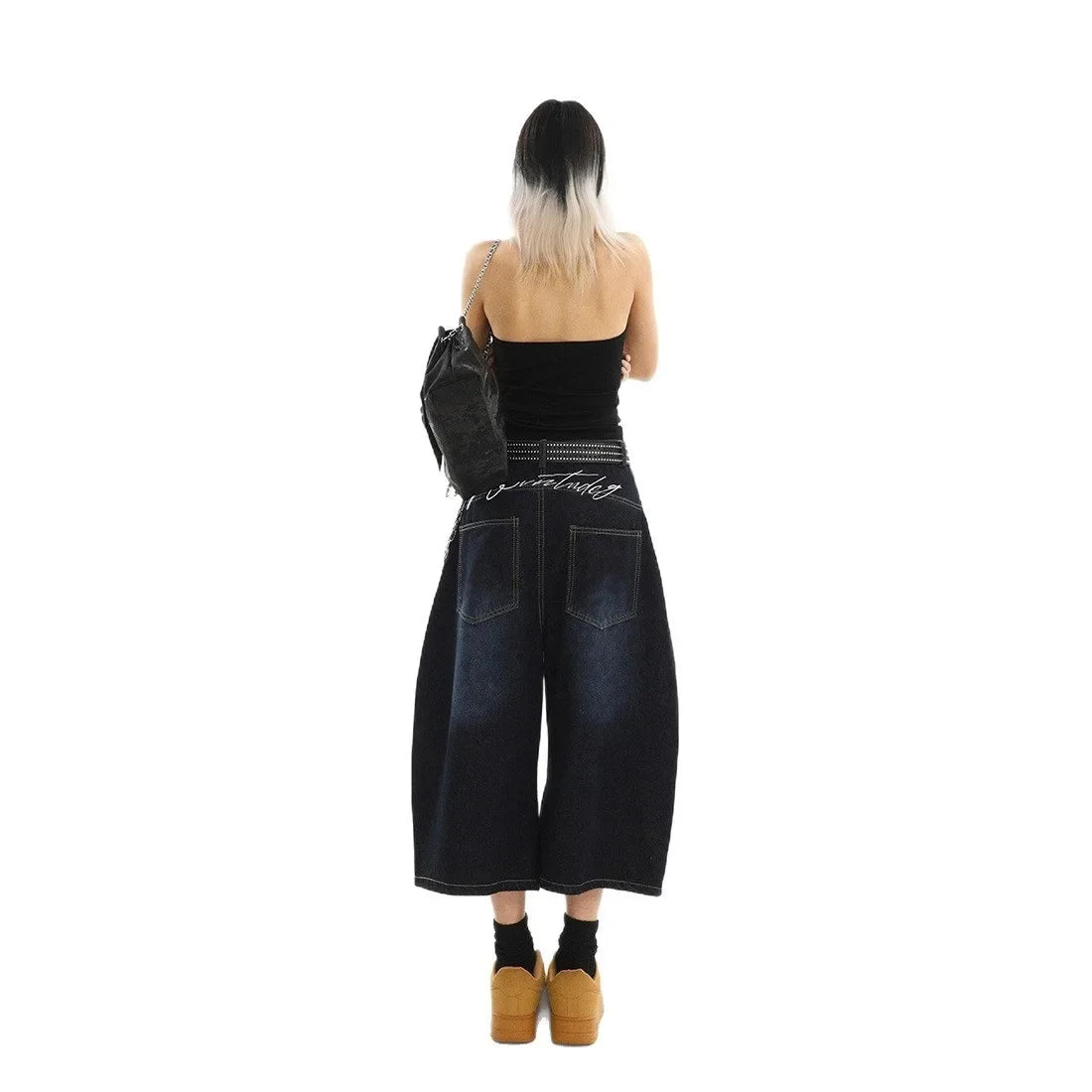 American Retro Embroidered Letter Cut-off Jeans Loose Straight Leg Trousers for Men High Waist Design Summer New Style
