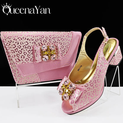 2025 Shiny Italian Fashion Pointed Toe Women Heel Fashion Rhinestone Decoration Pink Color Shoes And Bag Set