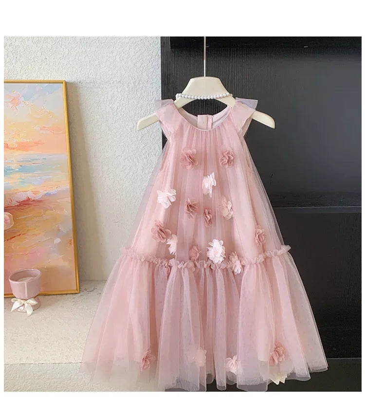Girls' Sleeveless Floral Mesh Dress - Princess Party Gown for Toddlers 2-8 Years, Breathable Wedding & Special Occasion Dress