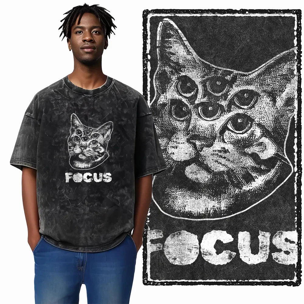cat Printed Cotton Acid Washed Exclusive Graphic Unisex T Shirt Cool Streetwear Men Tshirts Big Size Tee for men