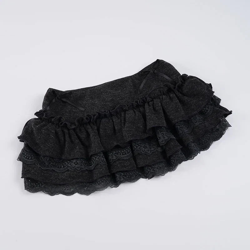 Sweet Cute Lace Fluffy Cake Skirt Korean Casual Elastic Low Waist Mini Skirt Y2K Women Clothing Summer Harajuku 2026