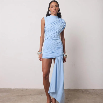 Summer Draped Ruched Sexy Mini Dress Women 2025 New Irregular High Waist Slim Fit Dress Female Elegant Club Tank Dress