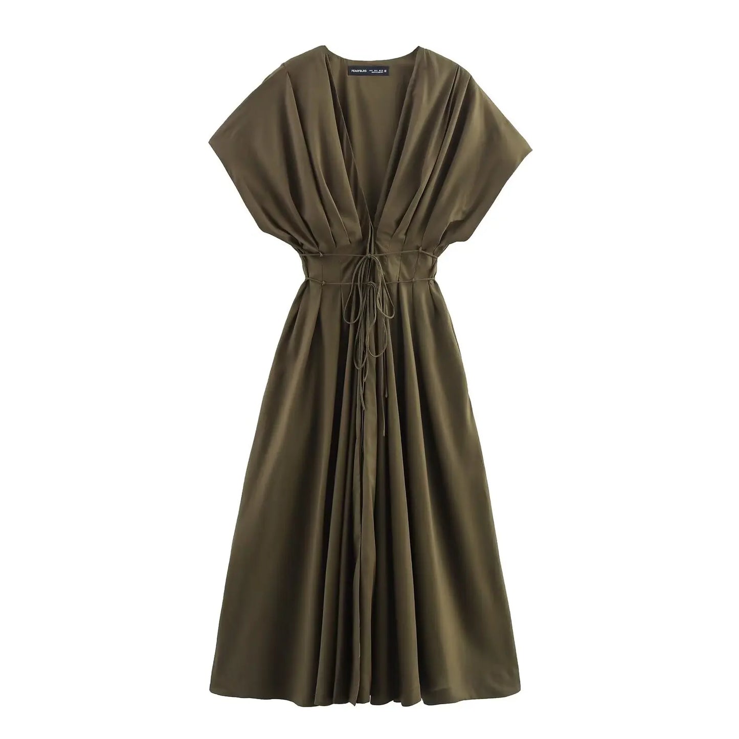 women's elegant party dress Vintage V-neck fashion pleated lace-up MIDI poplin dress