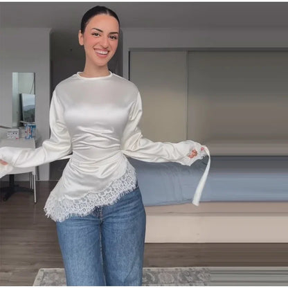 Women's Satin Blouse With Lace Trim Fashion O-neck Long Sleeve Lace Up Waist Irregular Tops 2026 Spring New Chic Lady Streetwear