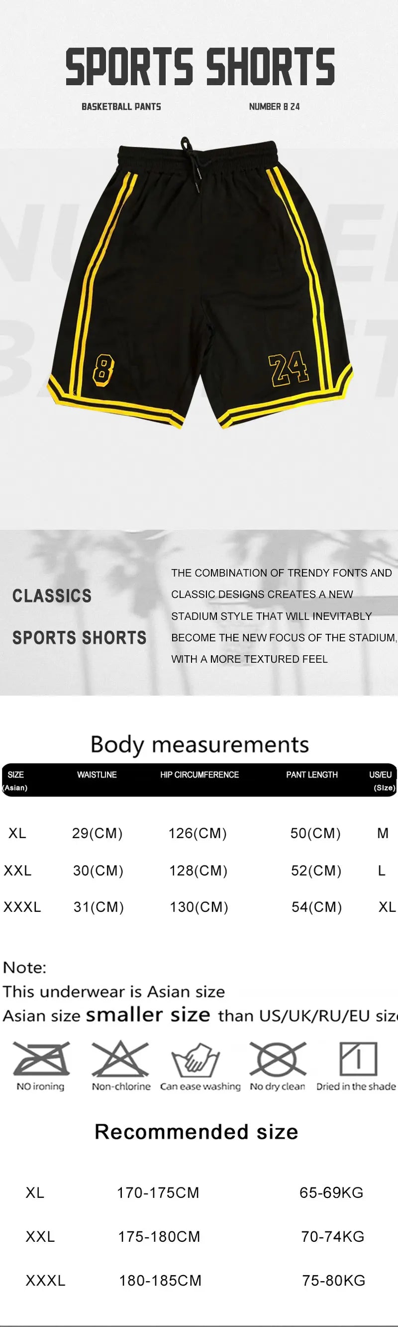 New Summer Men's Shorts Black And Yellow Patchwork No.8 And 24 Basketball Pants Casual Fitness Jogging Street Ball Sweatpants