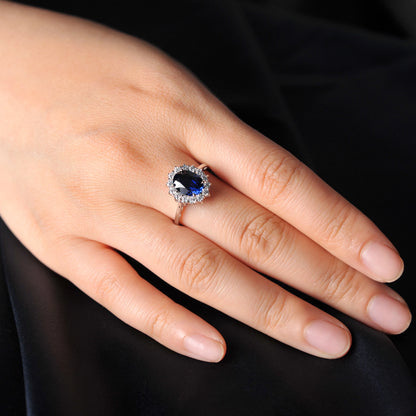 Halo Rings for Women Created Blue Sapphire Nano Emerald Red Ruby Princess Diana 2.67ct Oval Cut 925 Sterling Silver Rings
