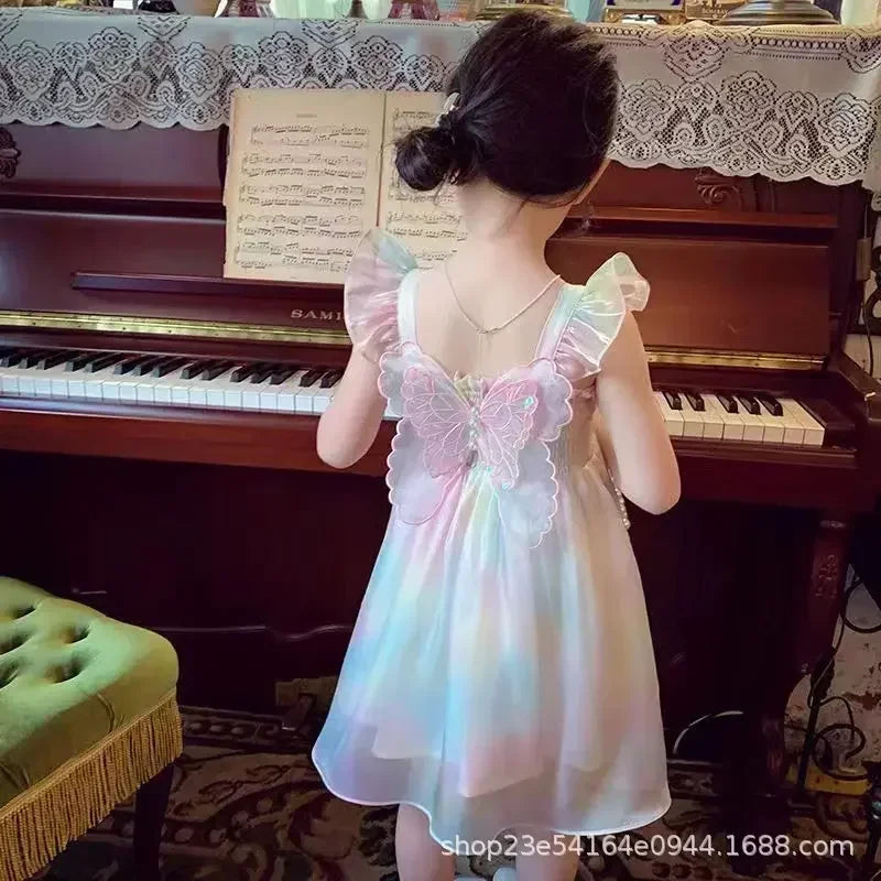 Summer Girls 1-8 Years Floral Roses Princess Dress Lace Tiered Bow Back Pearl Accented Knee-Length Party Birthday Celebration