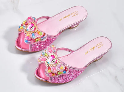 Girls High Heels Shoe Slippers Children Slippers Bow A Word Drag Sandals Soft Bottom Kids Party Wedding Performance Princes Shoe