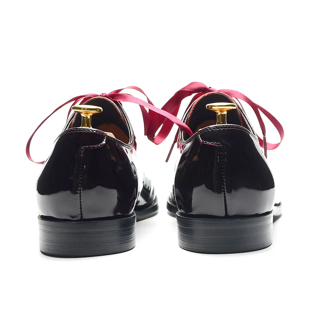 Luxury Men's Dress Shoes Burgundy Smooth Patent Leather Italian Whole Cut Plain Toe Oxford Lace-Up Wedding Party Formal Shoes