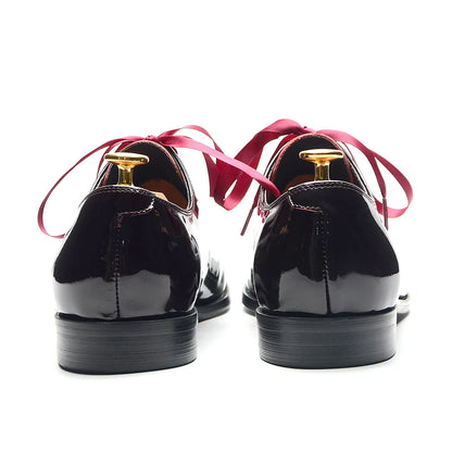 Luxury Men's Dress Shoes Burgundy Smooth Patent Leather Italian Whole Cut Plain Toe Oxford Lace-Up Wedding Party Formal Shoes