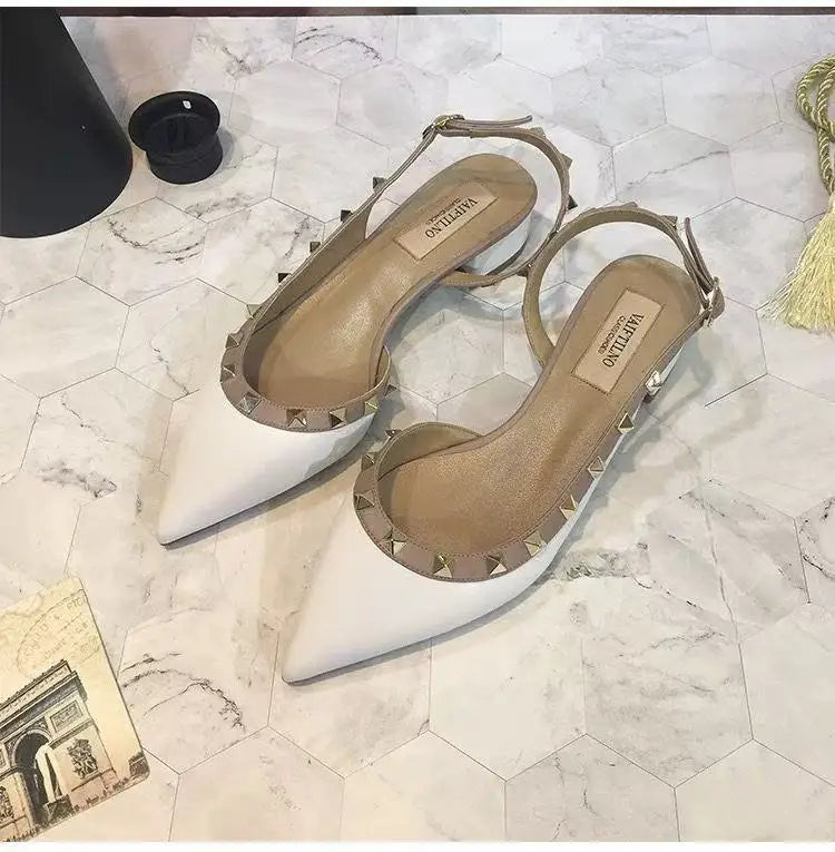 High-quality fashionable high-heeled shoes. Women's retro rivet pointed-toe patent leather casual comfortable office sandals