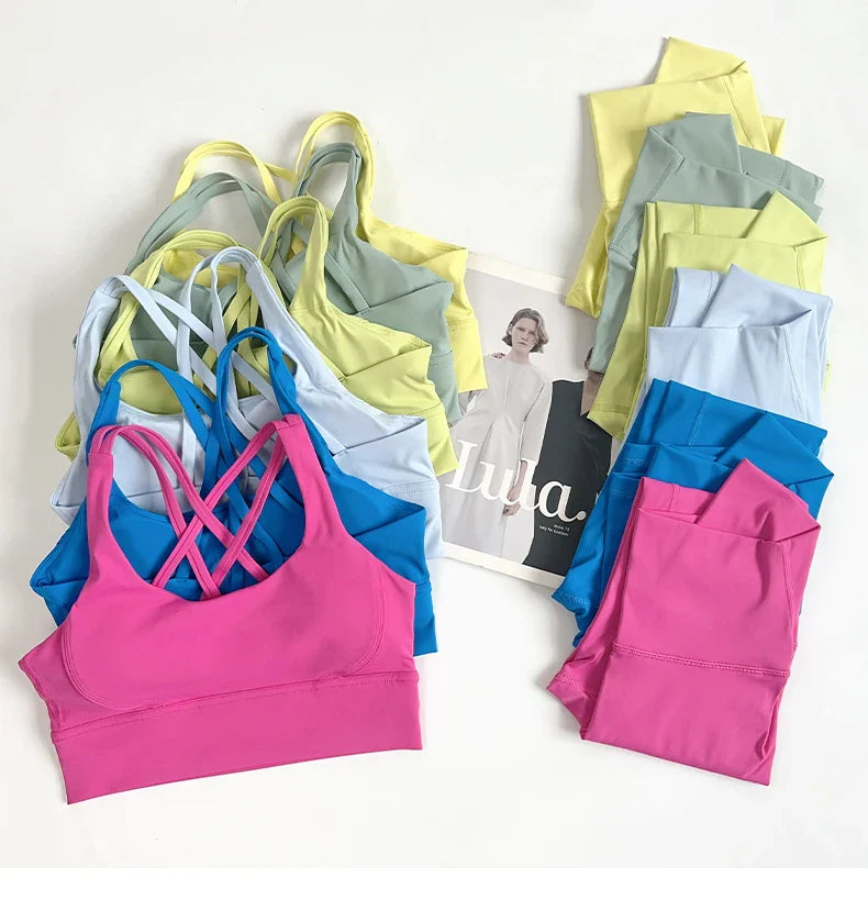 2 Pieces Yoga Set Women Gym Set Workout Clothes Sports Suits High Waist Leggings Cross Straps Fitness Bra Running Tracksuit👚👍️