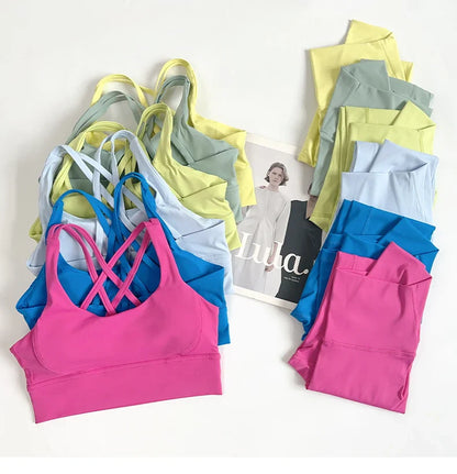 2 Pieces Yoga Set Women Gym Set Workout Clothes Sports Suits High Waist Leggings Cross Straps Fitness Bra Running Tracksuit👚👍️