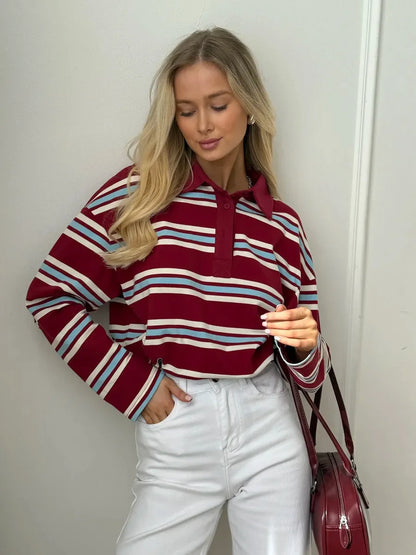 Autumn Casual Stripes Contrast Long-sleeved T-shirt Women Button Lapel Polo Shirt Tshirts New Streetwear Retro Chic Tops 2025