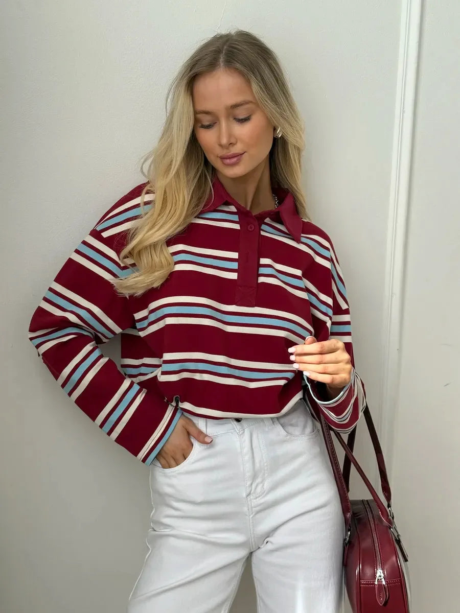 Autumn Casual Stripes Contrast Long-sleeved T-shirt Women Button Lapel Polo Shirt Tshirts New Streetwear Retro Chic Tops 2025
