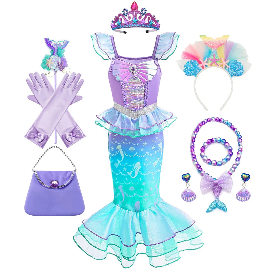 Ariel Cosplay Princess Costume Kids Cartoon Printed Dress Girls Halloween Children Carnival Birthday Party Clothes