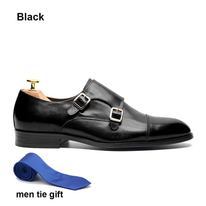 Luxury Men's Wedding Formal Shoes Genuine Leather Pure Brown Black Double Buckle Monk Strap Cap Toe Business Office Dress Shoes