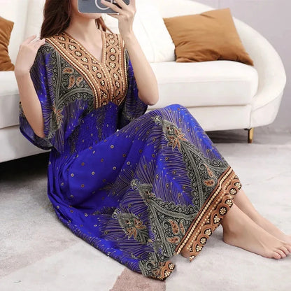 Flower V-neck Elastic Youthful Bohemian Sweet Midi Dress Woman Clothes Chic Fashion Summer Dresses 2025 Large Swing Ski