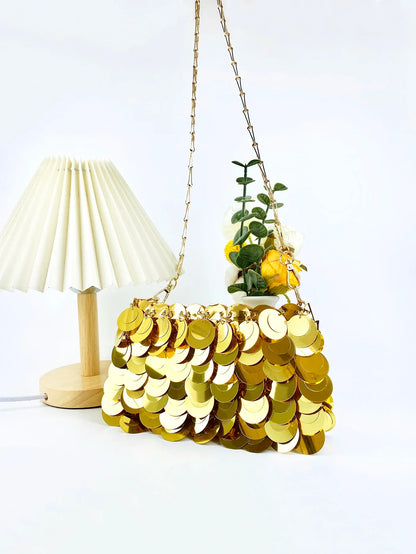 Trendy and cool gold glitter chain, women's fashionable and simple texture, horizontal square bag, personalized bag