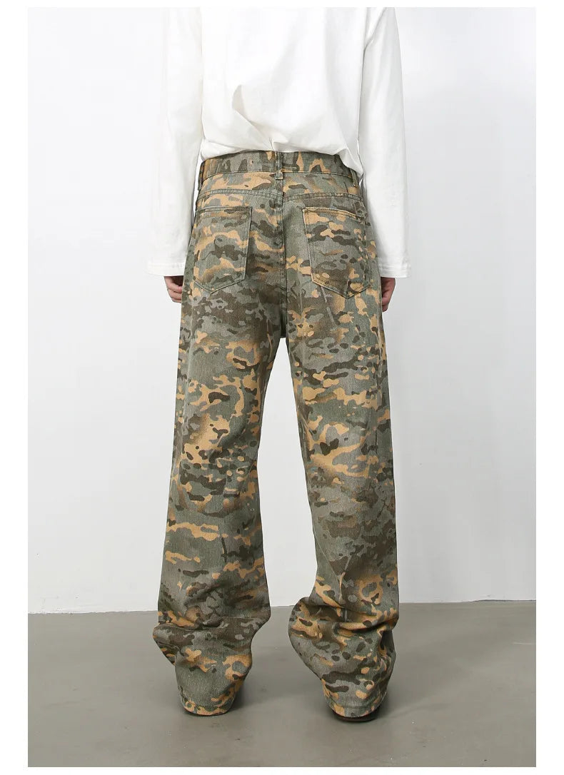 Tide Camouflage Jeans Men's Ins Loose Straight Wide Leg Casual Denim Pants Loose Male Trousers 12C2036