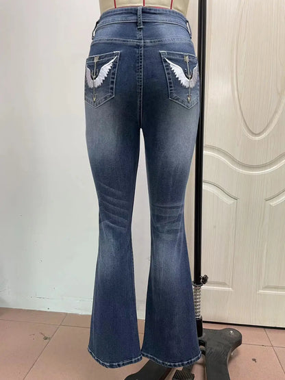 Women Embroidery Pockets Distressed Jeans