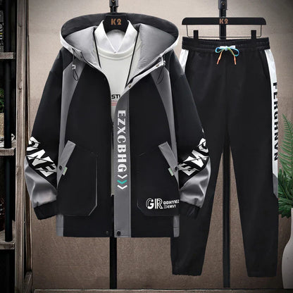 Spring Autumn Casual Men Sets Jacket + Pants Two Pieces Fashion Korean Trend Hooded Baseball Uniform Suit Man Outfit