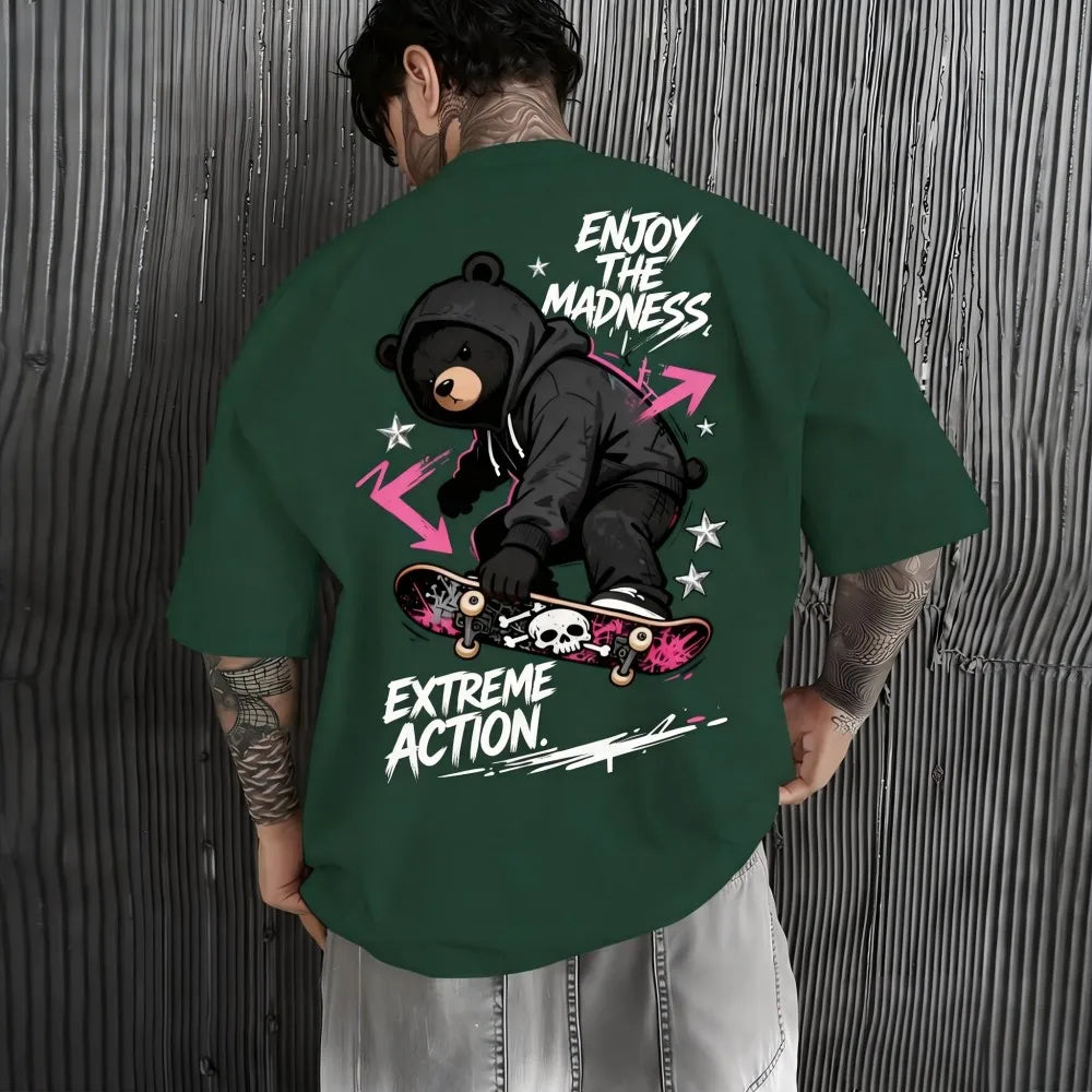 American men's summer trend skateboard teddy bear letter print soft and breathable round neck T-shirt outdoor casual top