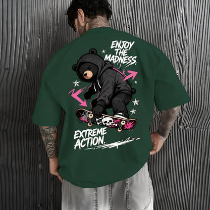 American men's summer trend skateboard teddy bear letter print soft and breathable round neck T-shirt outdoor casual top