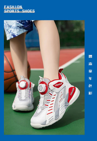 New Children Basketball Shoes Swivel Button Boys Fashion Sneakers Girls School Sport Shoes Kids Casual Trainers Outdoor Shoes