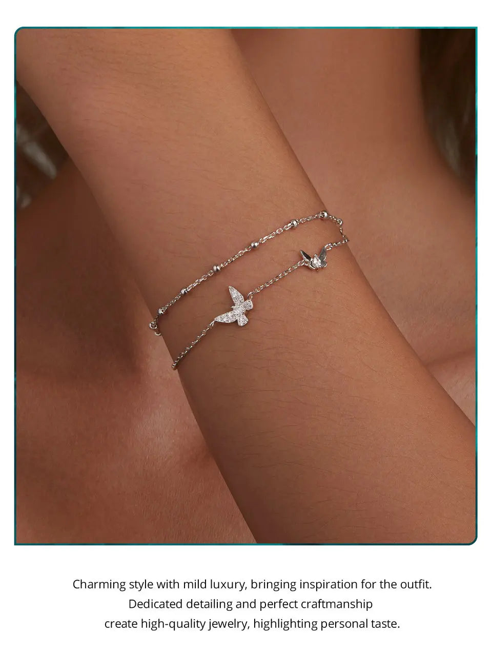 Womens Double-Layer Butterfly Bracelet 925 Sterling Silver CZ Layered Bracelet Dainty Beaded Chain Adjustable 5.9"+2.3"