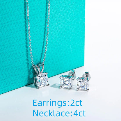 2-5ct Asscher Moissanite Necklace 0.5-3ct Earrings 925 Sterling Silver 18k Gold Plated Wedding Jewelry Set for Woman