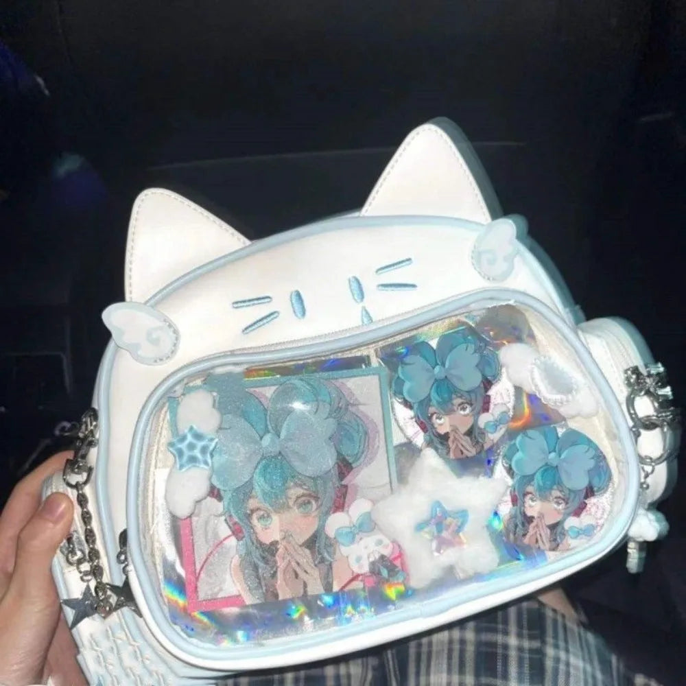 Korean Kawaii Cat Lolita Bag Cute PU Shoulder Bag Girls Transparent Pocket Harajuku Crossbody Bag Women's Fashion Backpacks