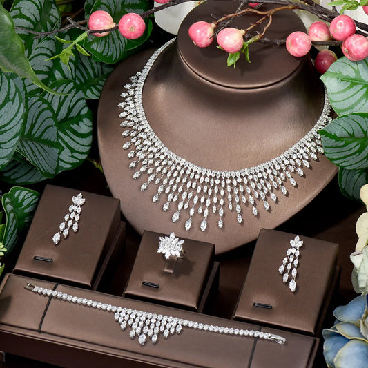 Top White Cubic Zirconia Bridal Shiny Tassel Necklace Jewelry Sets For Wedding Party Dress Accessories N-1503