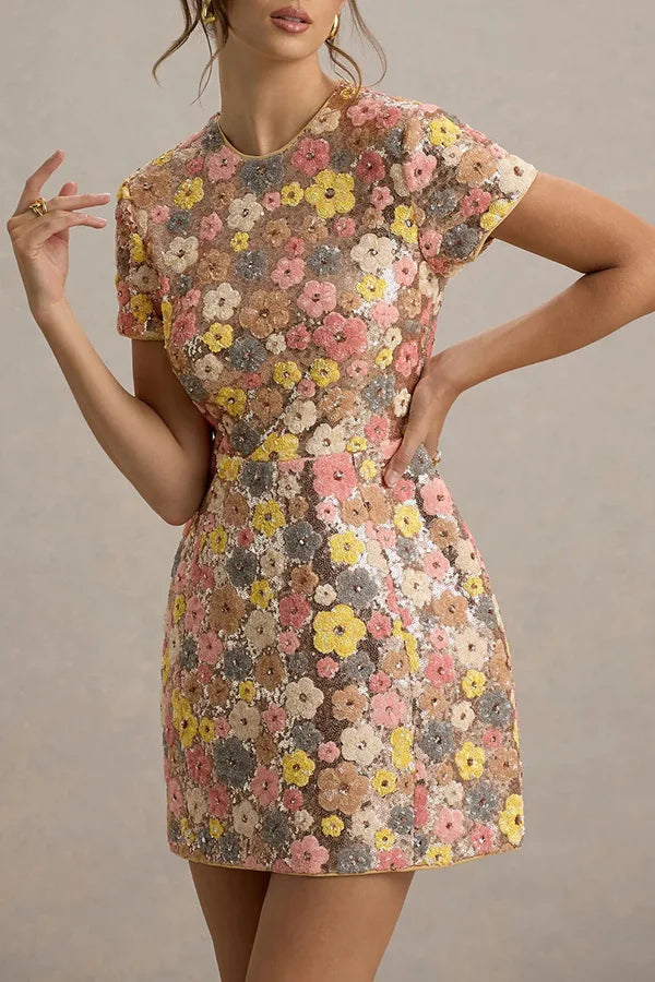 Spring Summer 2025 Women Elegant O Neck Short Sleeve Mini Dress Sequined Patchwork Casual Party Dress Sexy Ladies Slim Dresses