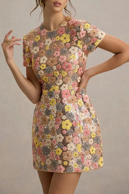 Spring Summer 2025 Women Elegant O Neck Short Sleeve Mini Dress Sequined Patchwork Casual Party Dress Sexy Ladies Slim Dresses