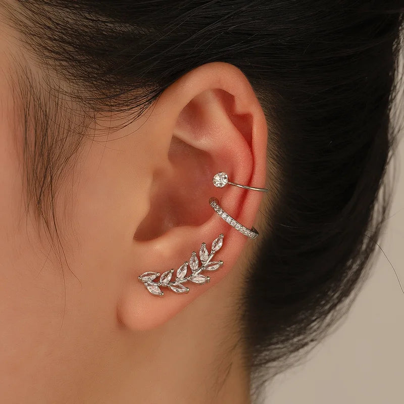 Fashion Exquisite Crystal Zerconia Ear Cuff Earrings for Woman Non Piercing Leaf Clip Earrings Christmas Jewelry Gift