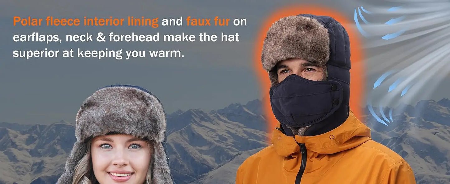 Men's Warm Chunky Trapper Hat Removable Windproof Winter Russian Hats with Mask Ushanka Hat