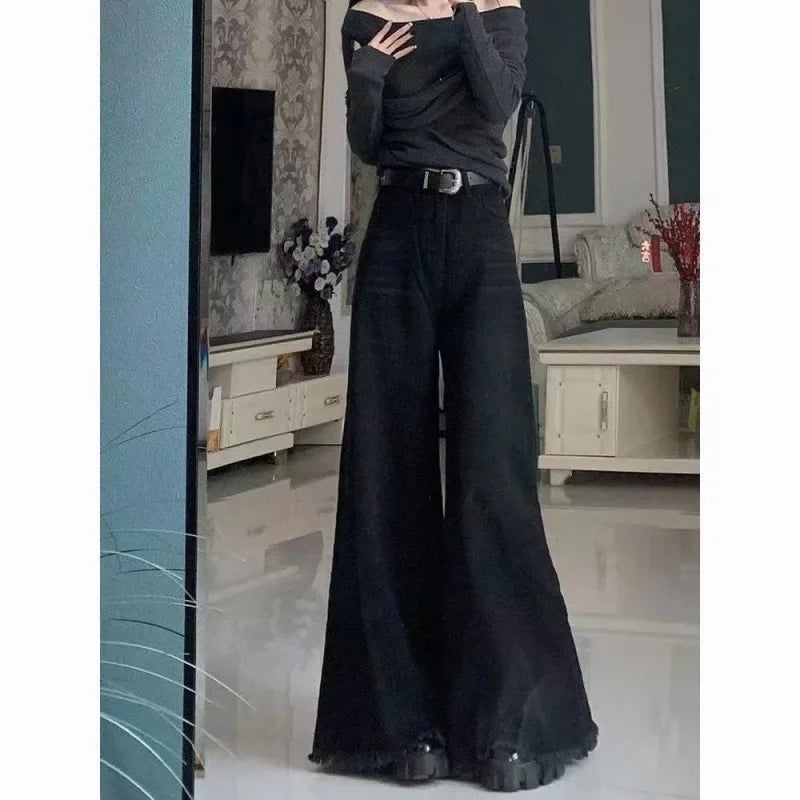 Loose-Fit Slimming Fringe Drag-Ground Micro-Flare Bottom Pants