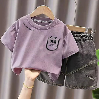 Kids 2-Piece Summer Casual Set - Short Sleeve T-Shirt with Pocket Print & Gray Denim Shorts for Boys Children's Fashion Outfit