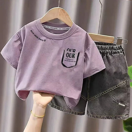Boys Summer 2Pcs Outfit Casual Letter Print Short Sleeve T-shirt + Elastic Waist Denim Shorts Kids Streetwear Clothes Set 2-7Y