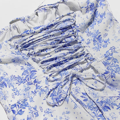 Women's Summer Floral Print Dresses Sweet Elegant Midi Holiday Dress Casual Slit Blue Lace Up Dresses 2023