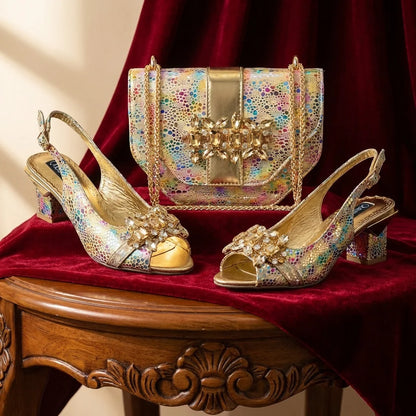 2026 New Elegant Rhinestone Peep Toe Women High Heels Sandals Italian Design with Coordinating Green Handbag Party Shoes and Bag