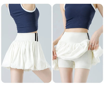 Women Summer Tennis Skirt High Waist Flared Flounce Skirt 2 in 1 with Shorts Anti-Exposure Athletic Pleated Golf Skirt Workout