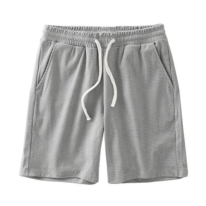 Men Shorts Solid Color Mid Waist Summer Motion Waffle Texture Deep Crotch Drawstring Male Shorts Loose Knee Length Casual Short