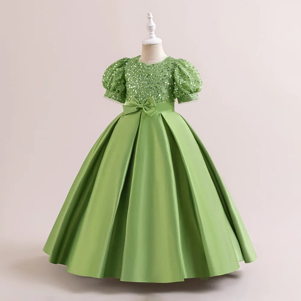 Summer Sequin Bridesmaids Party Girl Dress Elegant Bow Wedding Princess Prom Kids Dress For Girls Gala Birthday Evening Costumes