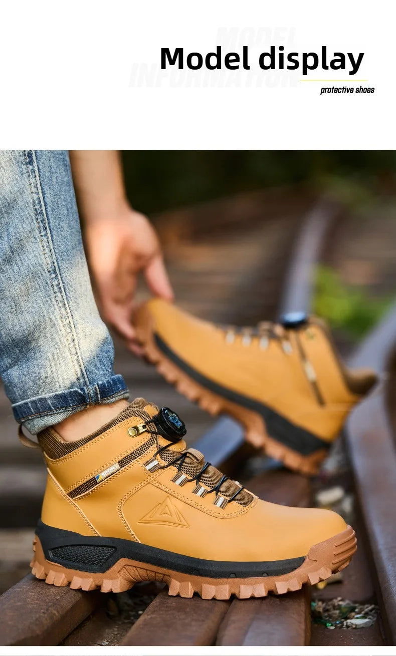 Brown Waterproof Safety Boots Men Indestructible Steel Toe Work Boots Anti-smash Stab-resistant High-top Knob Adjustable
