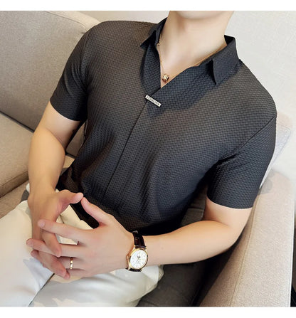 High-Grade Ice Silk Seamless Adhesive Polo Shirt, High-Elastic V-neck Thin Waffle Short-Sleeved Golf Shirt, T-shirt